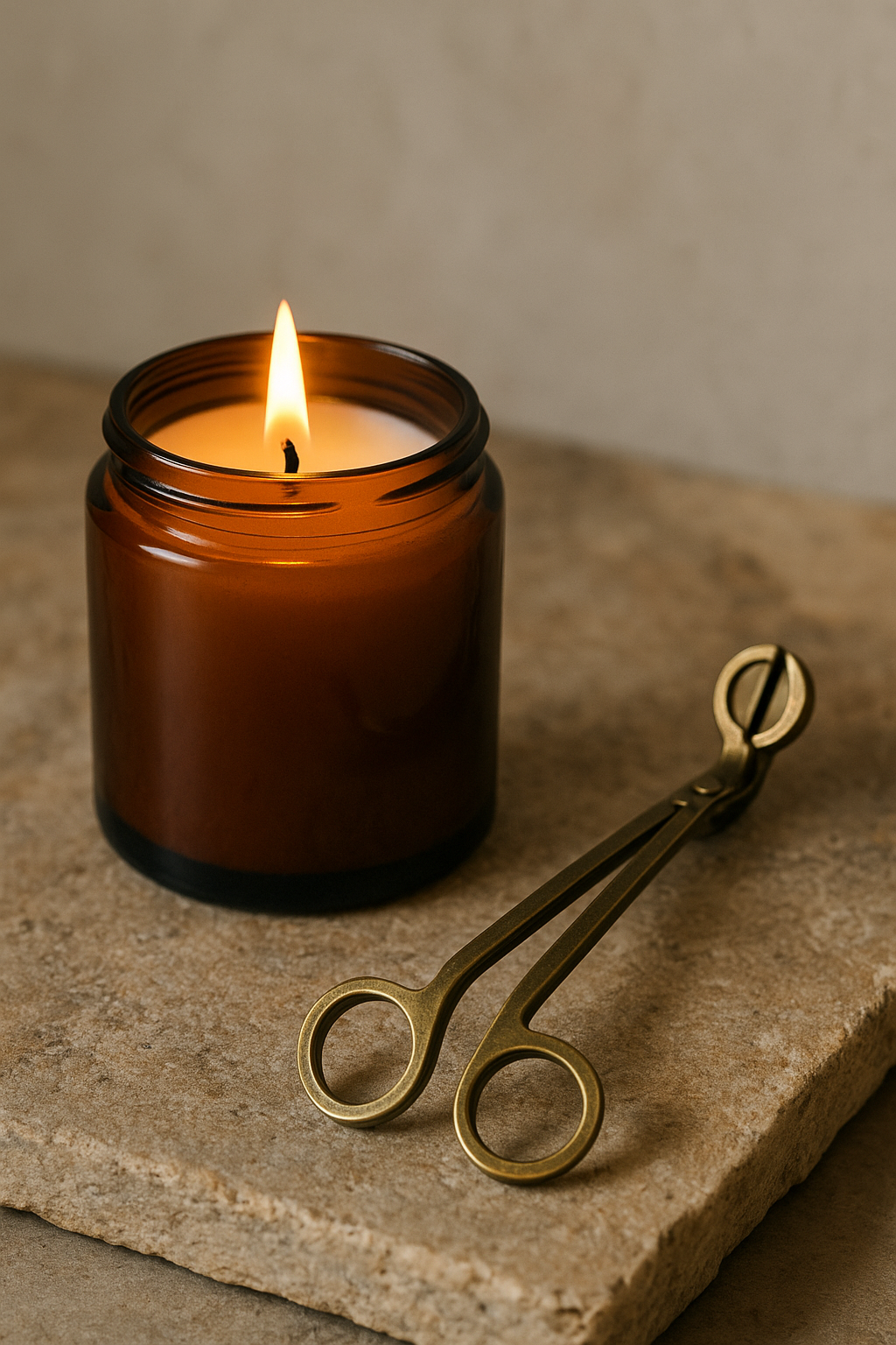 Lit candle in an amber jar with a brass wick trimmer